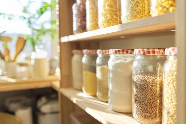 Wooden Shelves Pantry Food Storage Grain Products Storage Jars — Stock Photo, Image