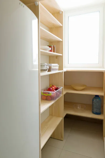 Food Storage Wooden Shelves Pantry Kitchen Utensils — Stock Photo, Image