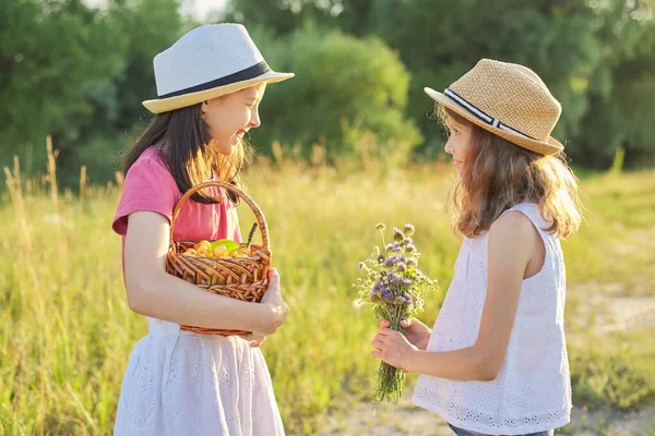 Dos Niñas Prado Soleado Día Verano Niños Caminando Con Ramo — Foto de Stock