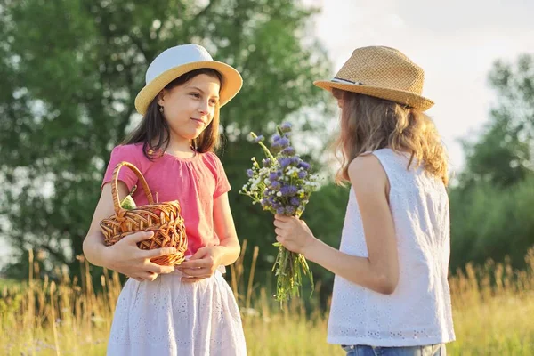 Dvě Dívky Louce Slunečného Letního Dne Děti Procházce Kyticí Divokých — Stock fotografie