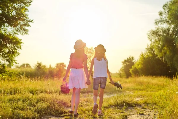夏の牧草地で手を取り合って歩く2人の女の子 山の花の桜の花束のバスケットを持つ子供たち 日没と バックビュー — ストック写真
