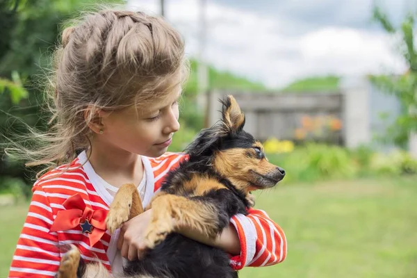 Fille Enfant Étreignant Chien Plein Air Amitié Amour Entre Petit — Photo