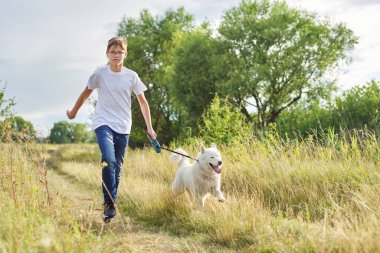 Genç bir çocuk köpekle koşuyor, yaz otlaklarında ev sahibi ve evcil hayvanı oynuyor.