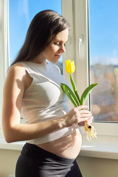 One beautiful spring yellow tulip flower in hands of young woman — Stock Photo, Image