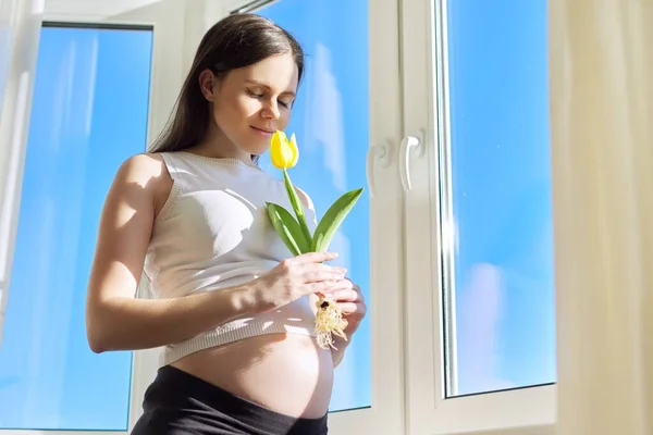 Portrait of pregnant woman with one yellow tulip flower — Stock Photo, Image