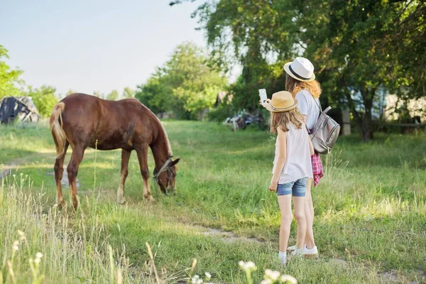 Enfants Deux Filles Photographiant Cheval Ferme Sur Smartphone Style Rustique — Photo