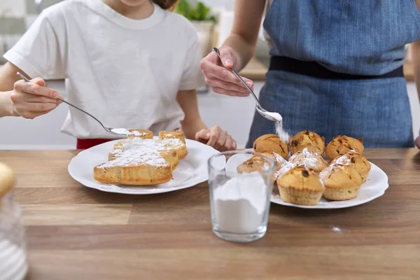 Kids Sprinkling Decorating Freshly Baked Homemade Muffins White Sugar Powder Royalty Free Stock Images