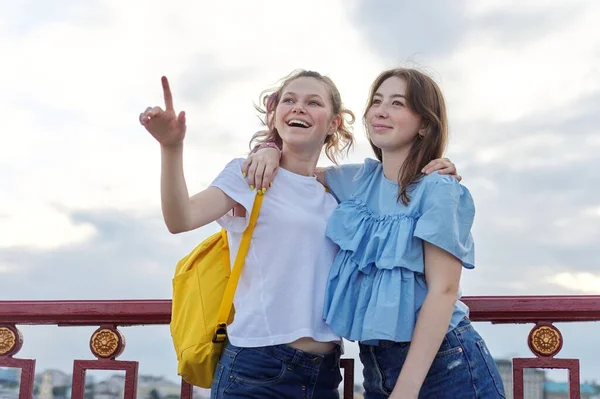 Portrait Two Teenage Girls Friends Walking Talking Pedestrian Bridge Sunny — Stock Photo, Image