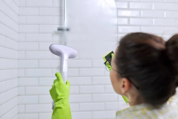 Woman Housewife Doing House Cleaning Bathroom Female Washing Glass Shower — Stock Photo, Image