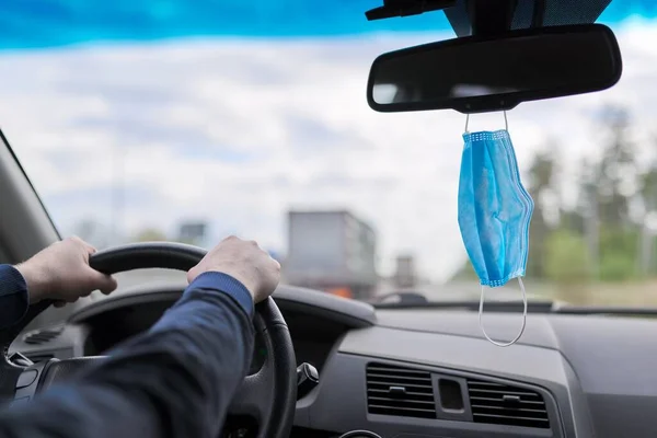 Protective Medical Mask Driver Car Mans Hands Steering Wheel Moving — Stock Photo, Image