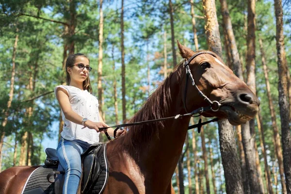 Adolescente chica montando un caballo marrón, montar a caballo para las personas en el parque — Foto de Stock