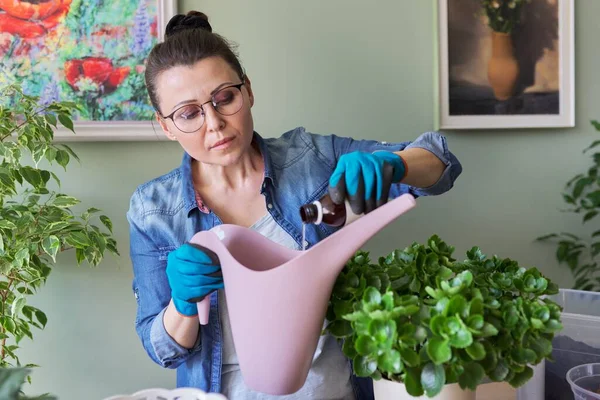 Mujer vierte fertilizante mineral líquido, en la regadera con agua —  Fotos de Stock