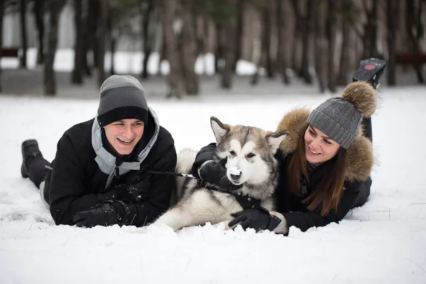 Bela família, um homem e uma menina na floresta de inverno com cão. Brincar com o cão Siberian husky . — Fotografia de Stock