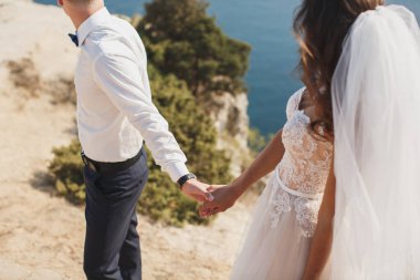 Gelin ve damat el ele yürüyorlar. Dağ. Deniz. Okyanus.