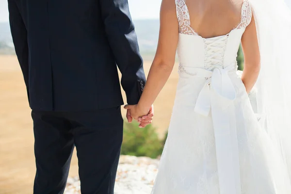 Bruden och brudgummen promenader tillsammans håller sina händer. — Stockfoto