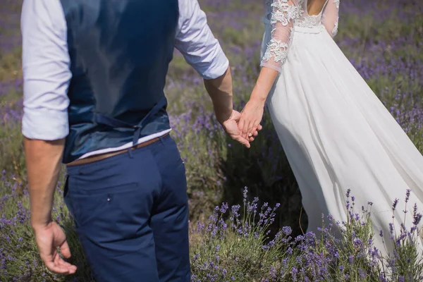 Noiva e noivo andando juntos segurando suas mãos . — Fotografia de Stock