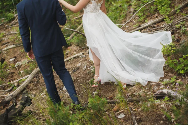 Braut und Bräutigam für einen Waldspaziergang. — Stockfoto