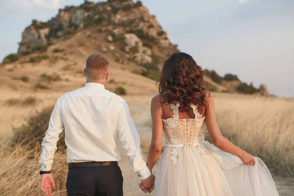 Noiva e noivo andando juntos segurando as mãos. Montanha. Mar. Oceano . — Fotografia de Stock