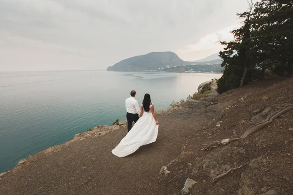 Gelin ve damat dağın yamacında. Okyanus. deniz. — Stok fotoğraf