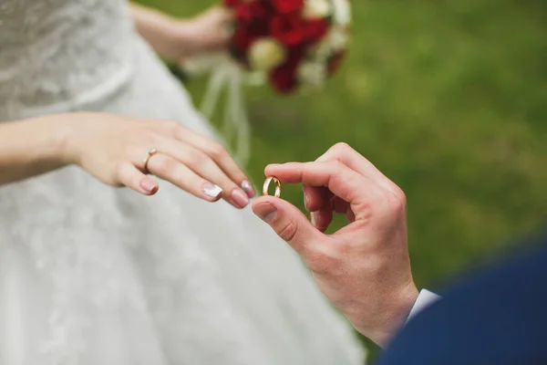 Νύφη και γαμπρός έβαλαν στο δάχτυλο βέρα.. — Φωτογραφία Αρχείου