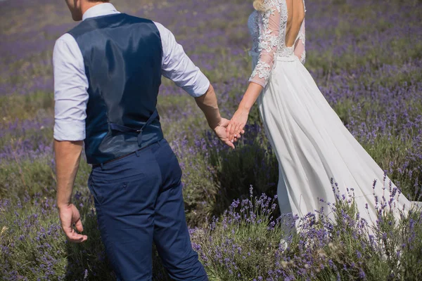 Noiva e noivo andando juntos segurando suas mãos . — Fotografia de Stock