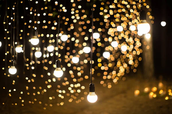 Noite de cerimônia de casamento com velas e lâmpadas na floresta de pinheiros coníferas . — Fotografia de Stock