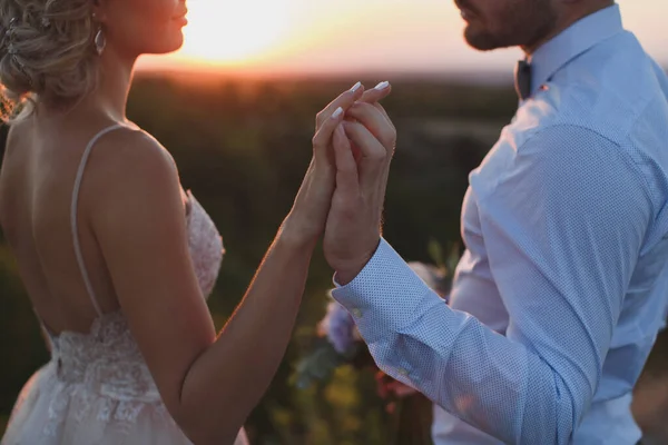 Das Brautpaar hält Händchen bei Sonnenuntergang in den Bergen. — Stockfoto