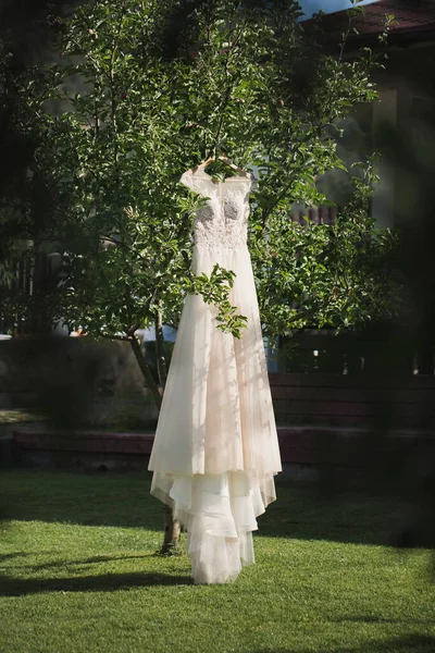 Vestido de novia blanco en percha colgando de un árbol en el bosque . —  Fotos de Stock