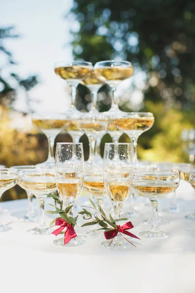 新婚旅行のための宴会でシャンパンと美しい丘. — ストック写真