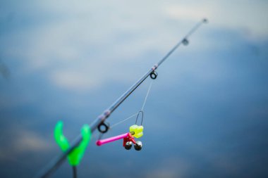 Gölün kıyısında oltalarla tatlı su balıkçılığı, göl.