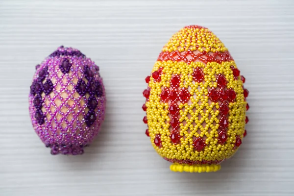 Eggs decorated with small beads. Hand made things. — Stock Photo, Image