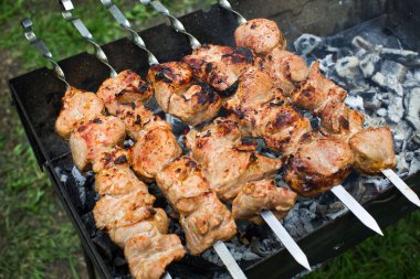 Biftek ve domuz barbeküsü, ızgarada biftek. Şişte kebap var. Doğa