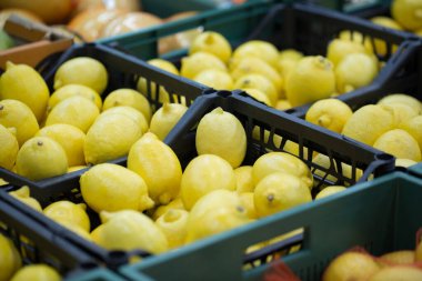 Süpermarkette kasalarda limonlar. Sağlıklı yemek. vitaminler.