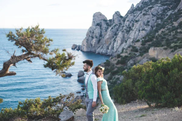 A noiva e o noivo na natureza nas montanhas perto da água. Terno e vestido Tiffany cor. Voltar para trás . — Fotografia de Stock