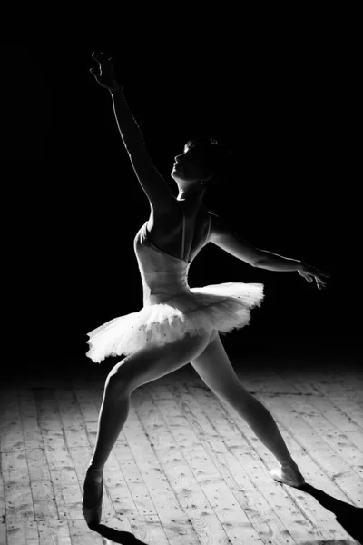 Een jonge mooie ballerina in een tutu poseert op het podium. — Stockfoto