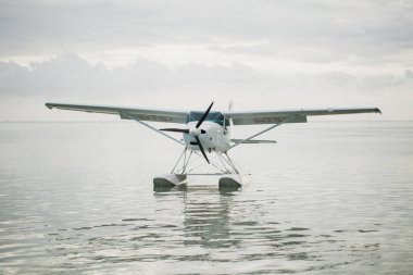 Deniz uçağı su yüzeyinin üzerindedir. Mauritius.