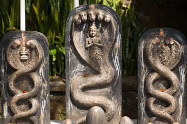 Mauritius 'taki gölün arka planındaki Hint heykelleri. Büyük Bassin.