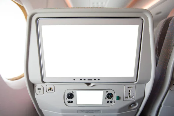 stock image Aircraft monitor in passenger seat isolated on white background.