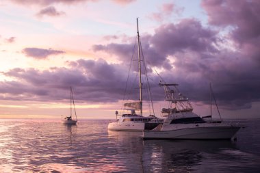 Gün batımında tropikal denizde katamaran. Yatçılık, Lüks Yelkencilik teması.