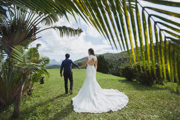Jovem casal feliz amoroso na ilha tropical com palmeiras . — Fotografia de Stock