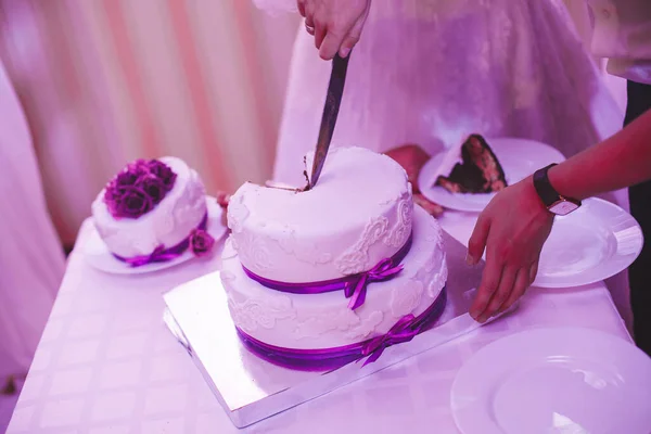 Жених и невеста разрезали свадебный торт — стоковое фото