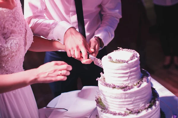 Bolo de casamento. A noiva e o noivo cortaram o bolo no banquete — Fotografia de Stock