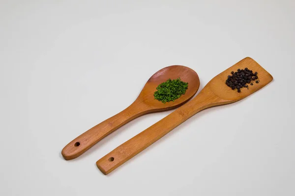 Wooden Ladles Some Herbs Food Spices — Stock Photo, Image