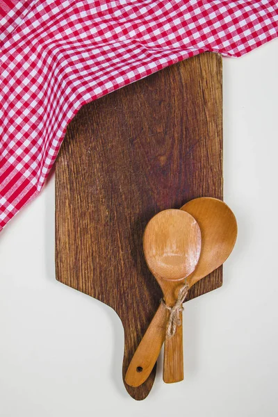 Wooden Ladles Wooden Cutting Board Red Rag — Stock Photo, Image