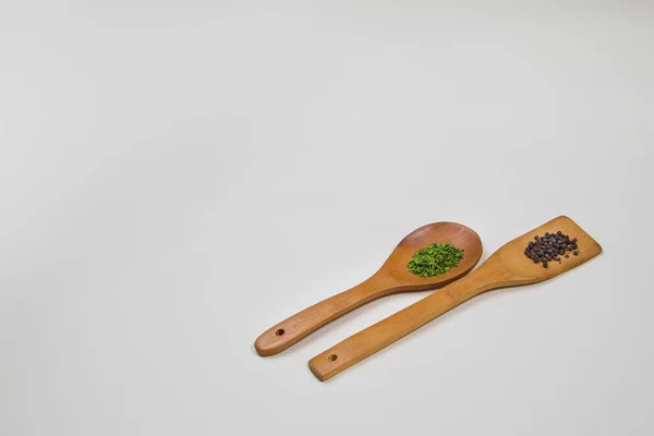 Wooden Ladles Green Herbs Food Spices — Stock Photo, Image