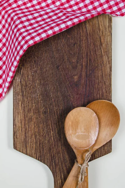 Wooden Ladles Dark Wooden Cutting Board — Stock Photo, Image