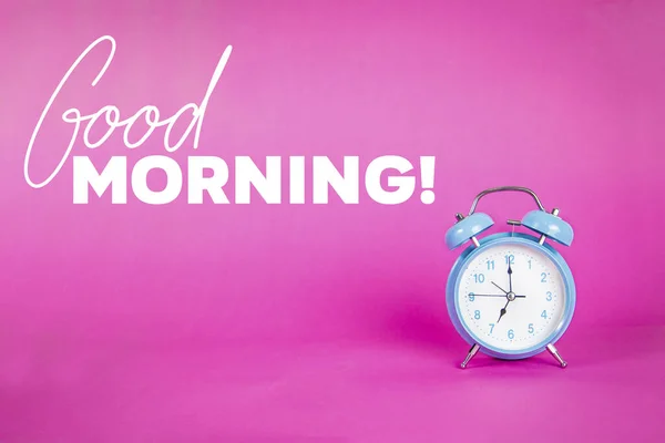 Retro Blue Pastel Alarm Clock Pink Background Quote Good Morning — Stock Photo, Image
