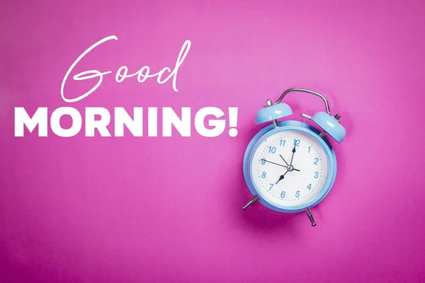 Retro Blue Pastel Alarm Clock Pink Background Quote Good Morning — Stock Photo, Image