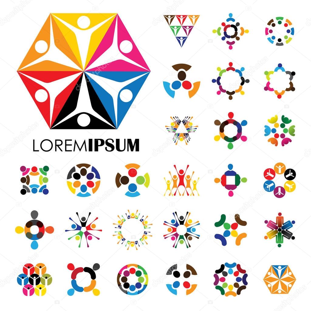 Vector logo icons of people together - sign of unity, partnership. this also represents community, engagement & interaction, teamwork & team, children playing, kids fun, employees & staff, office, etc