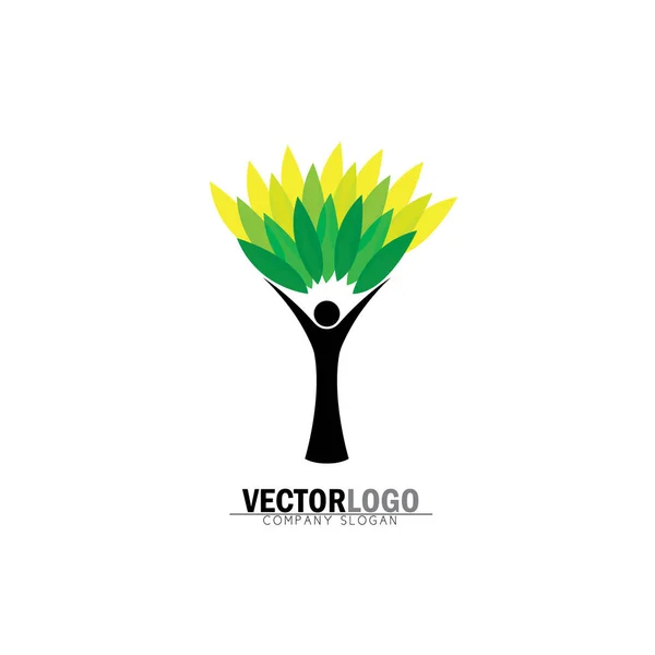 Insanlar simgesi yeşil yaprakları - Eko kavramı vektör logosu ile ağaç — Stok Vektör